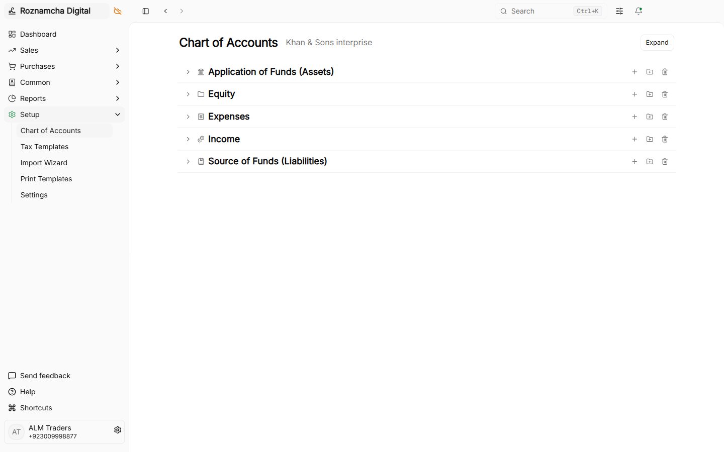 Chart of Accounts interactive tree view showing group accounts and balances