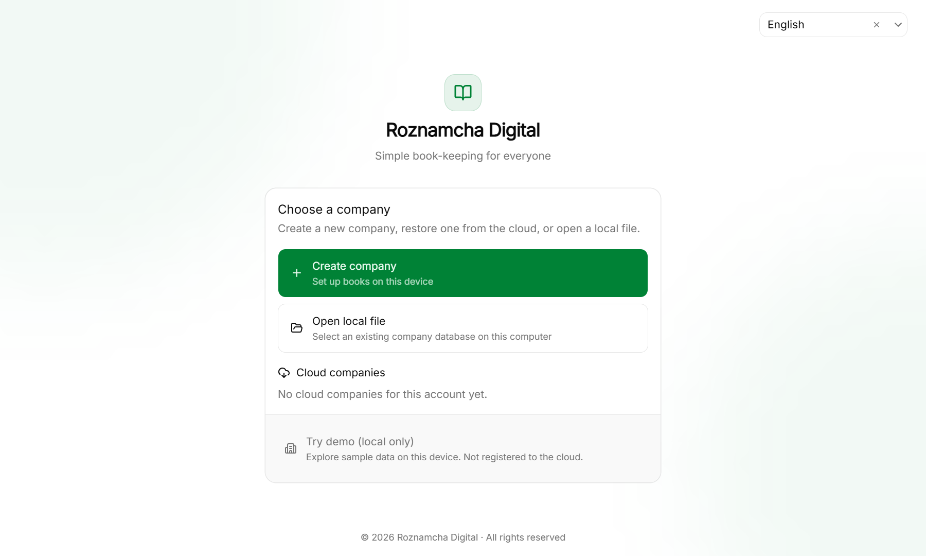 Company chooser screen with options to Create company, Open local file, and Cloud companies