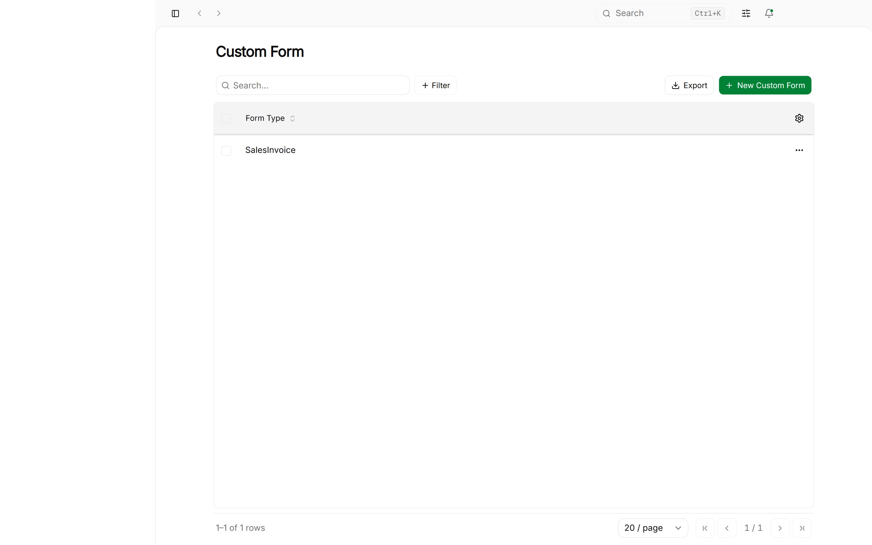 Custom forms list table showing customizable DocTypes