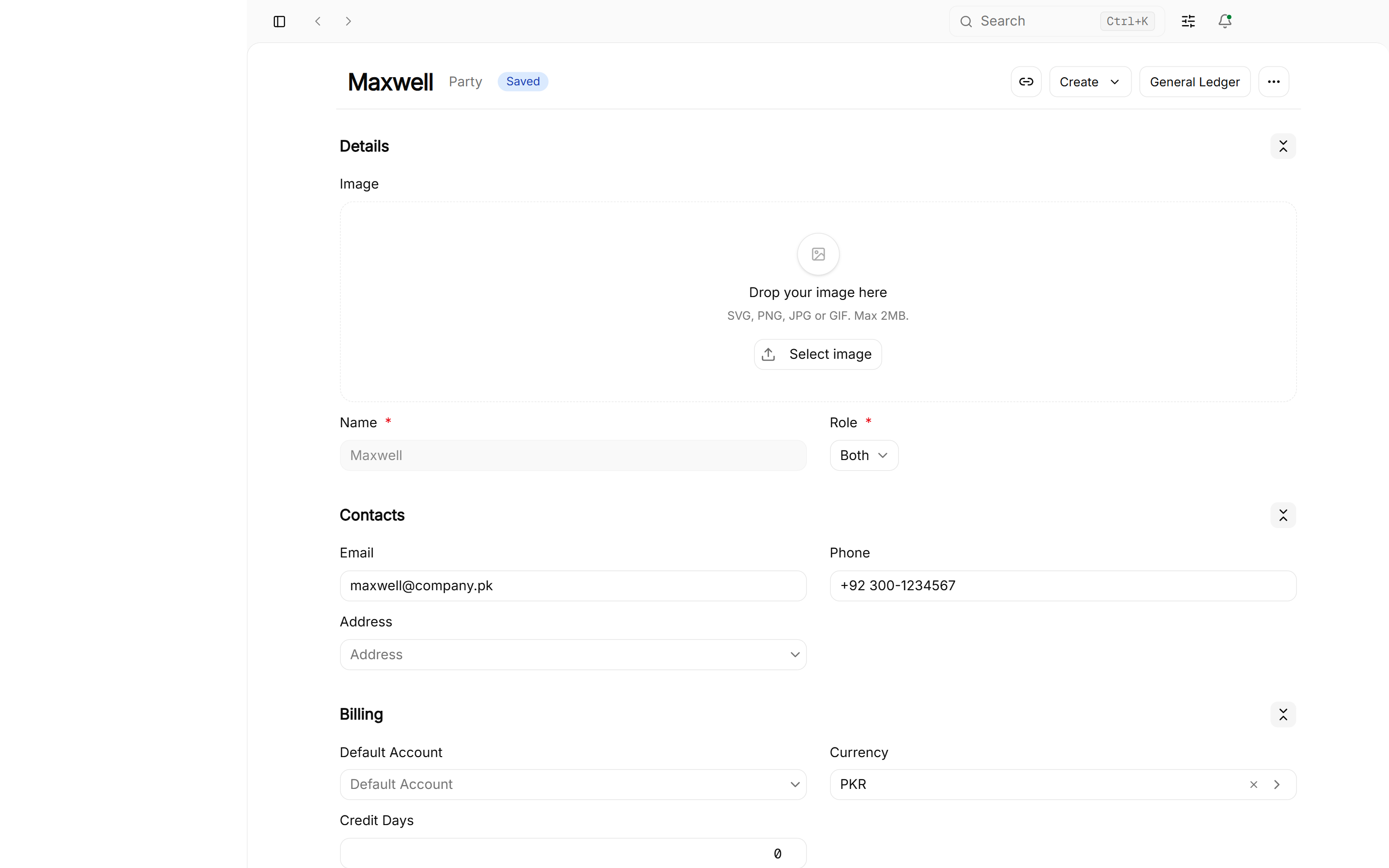 Customer party form showing contact info, currency, and address fields
