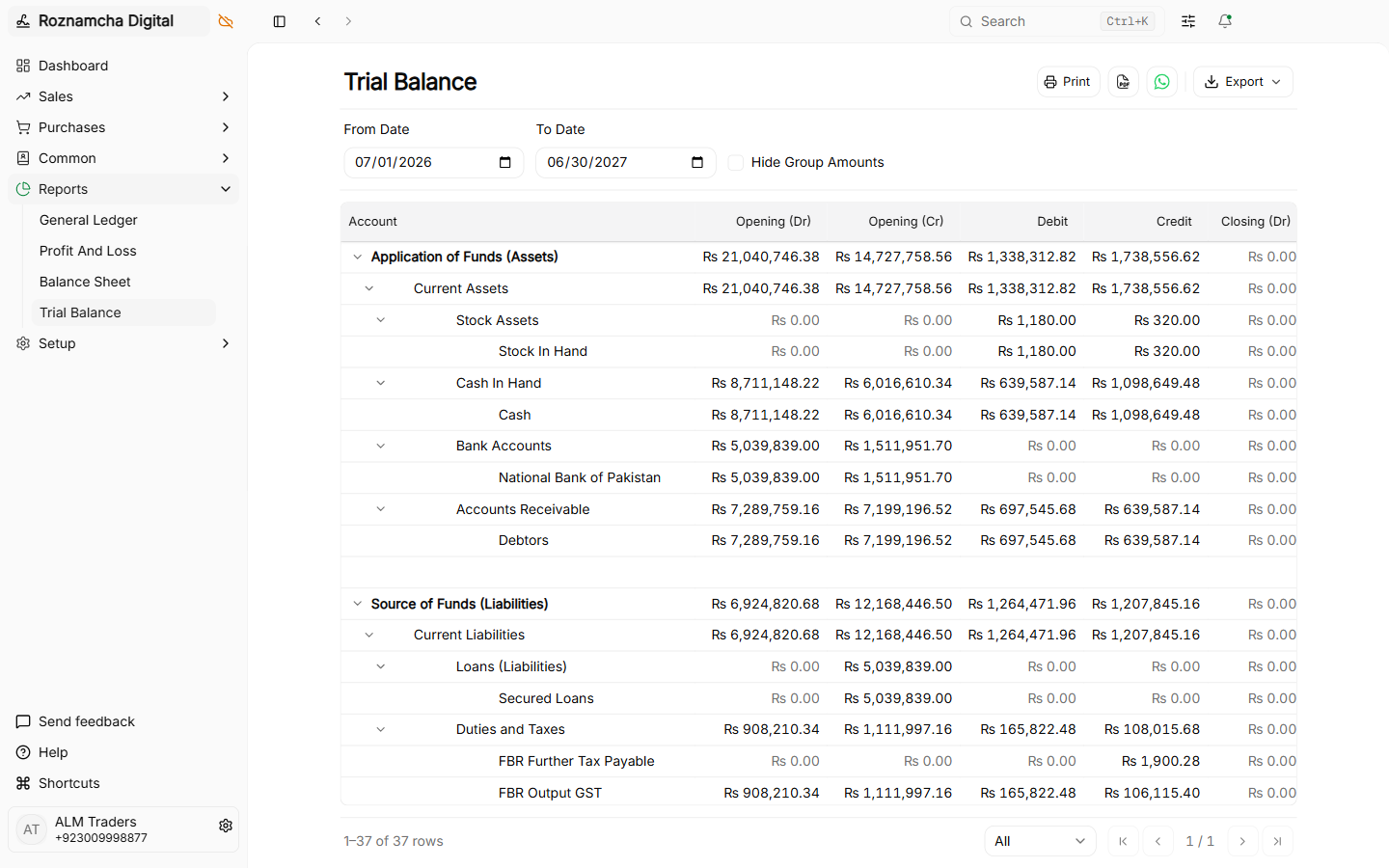 Trial balance report verifying debit and credit equality