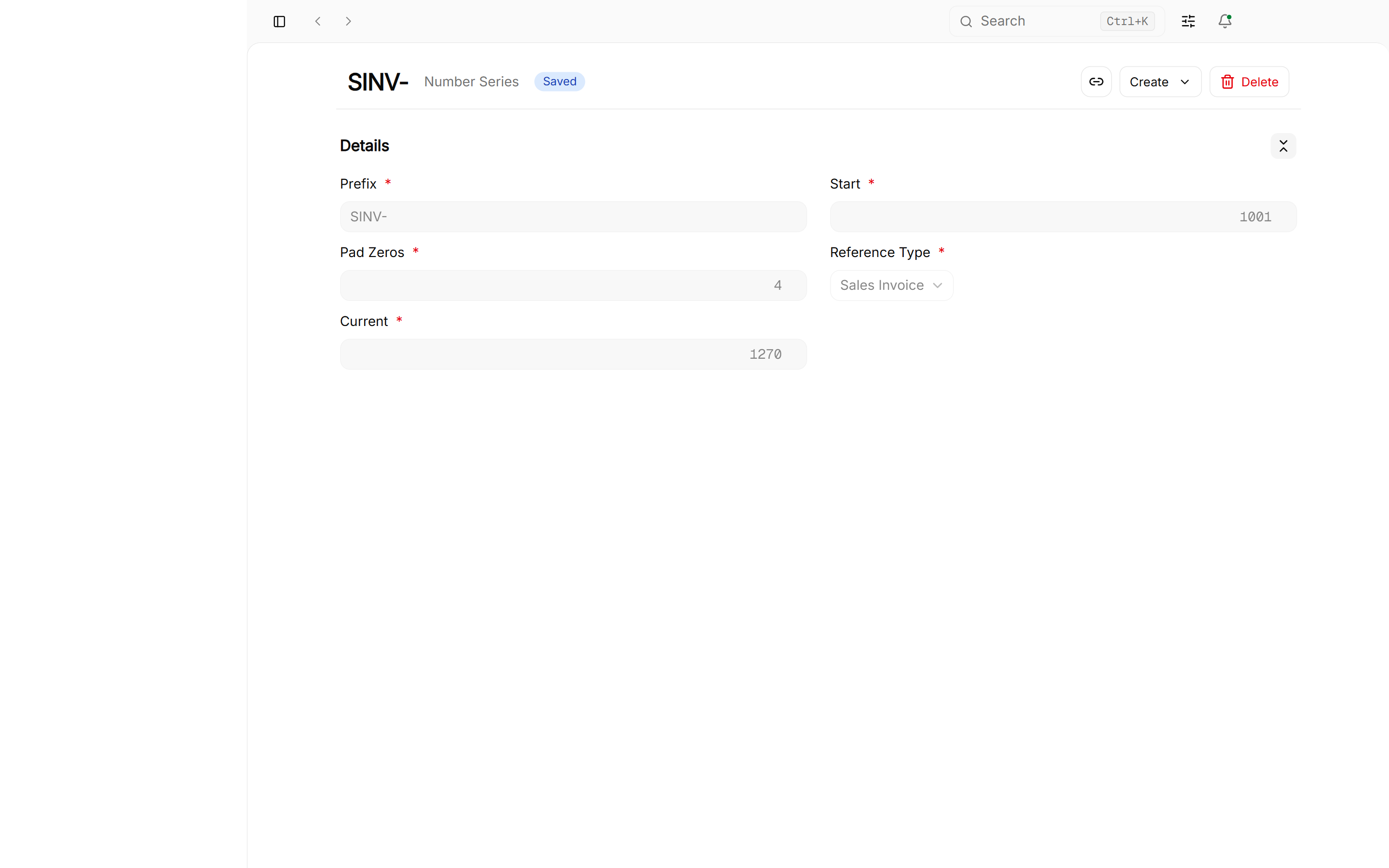 Number series form for Sales Invoice