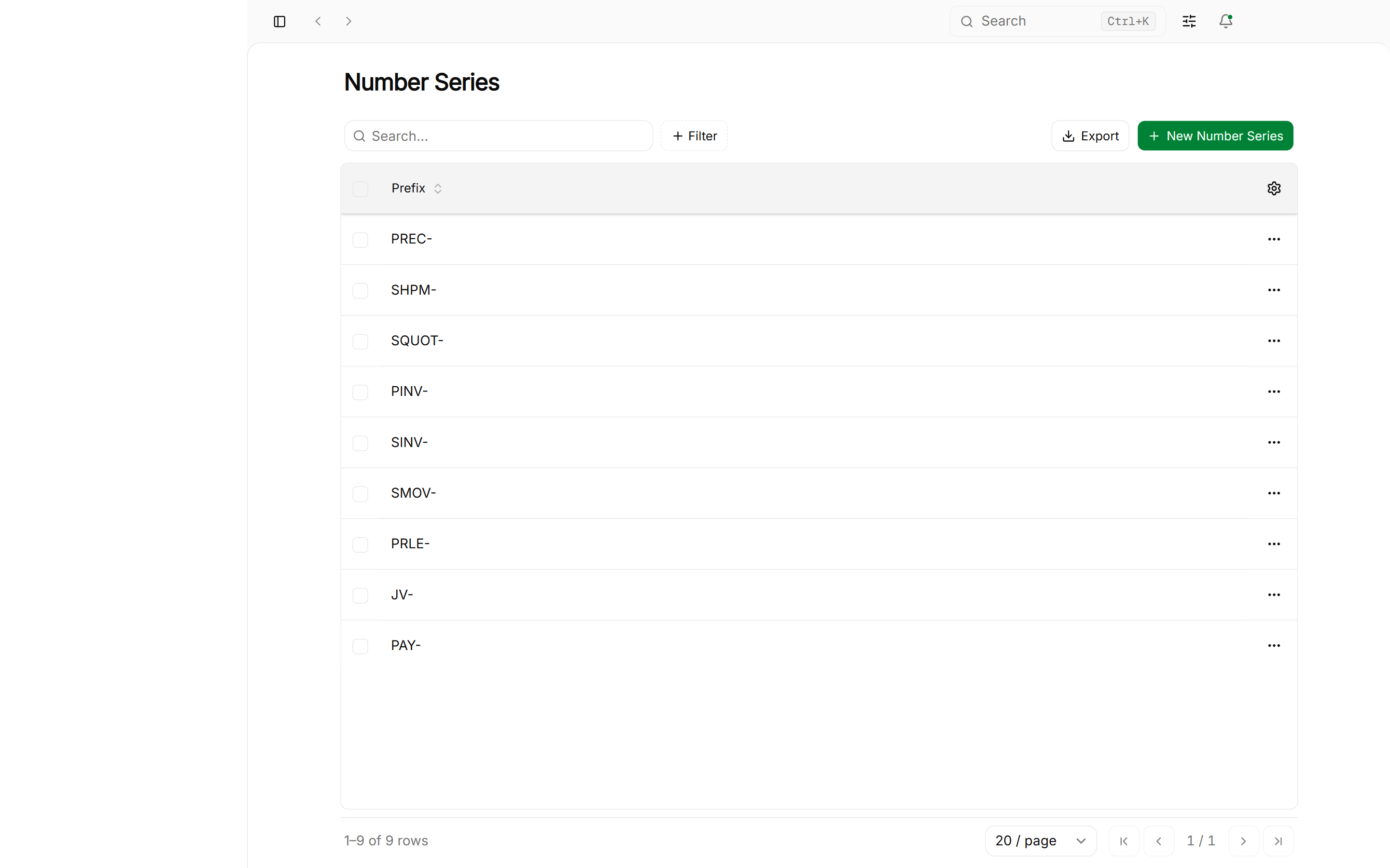 Number series list table showing prefix patterns for invoices, payments, and shipments