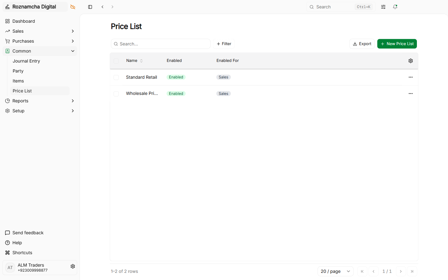 Price list table displaying items and customized selling rates