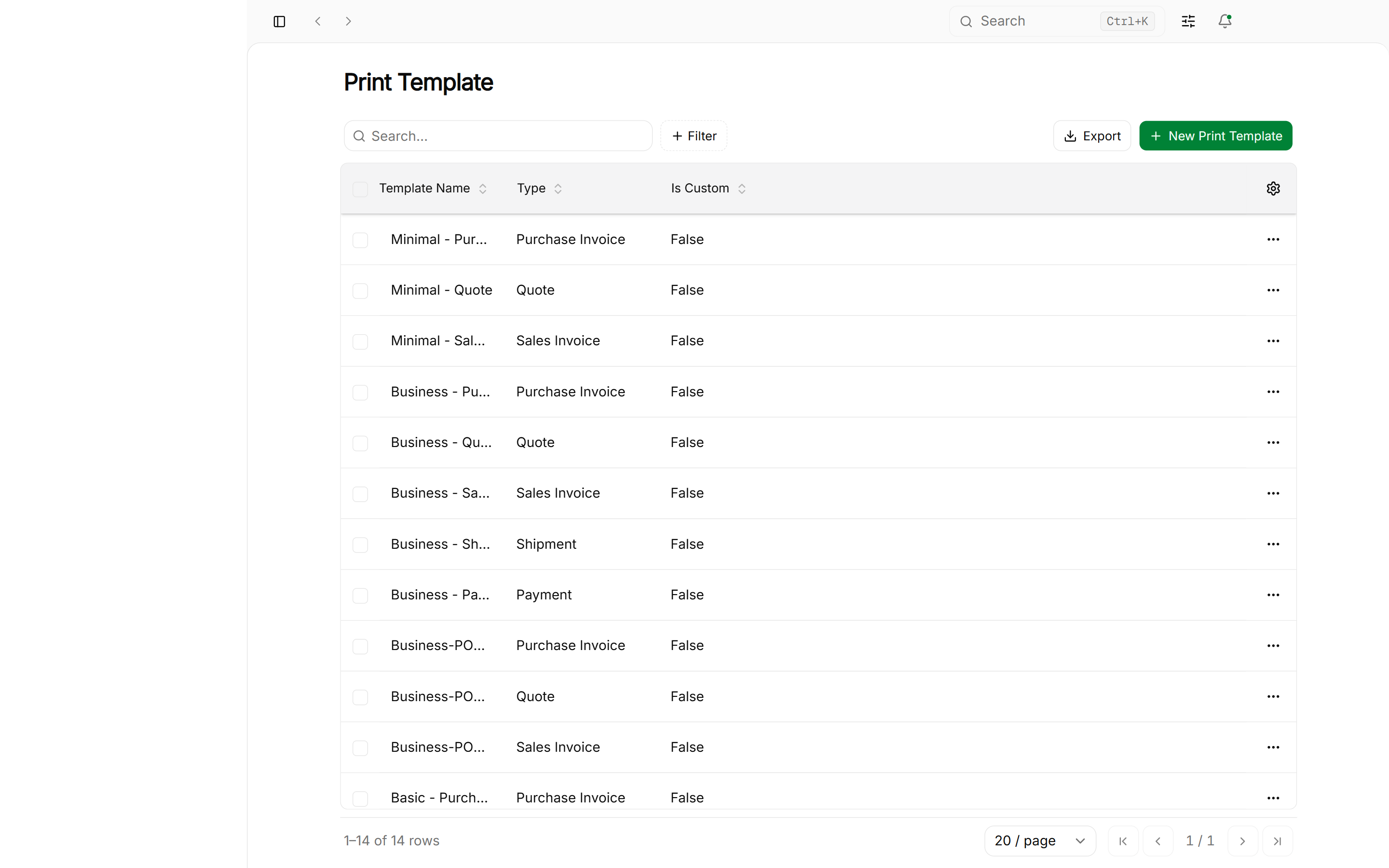 Print templates list table