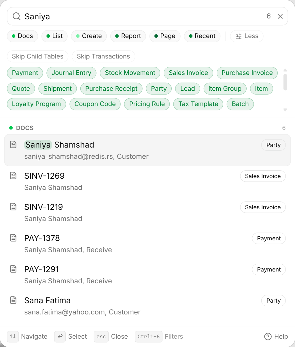 Quick search customer results