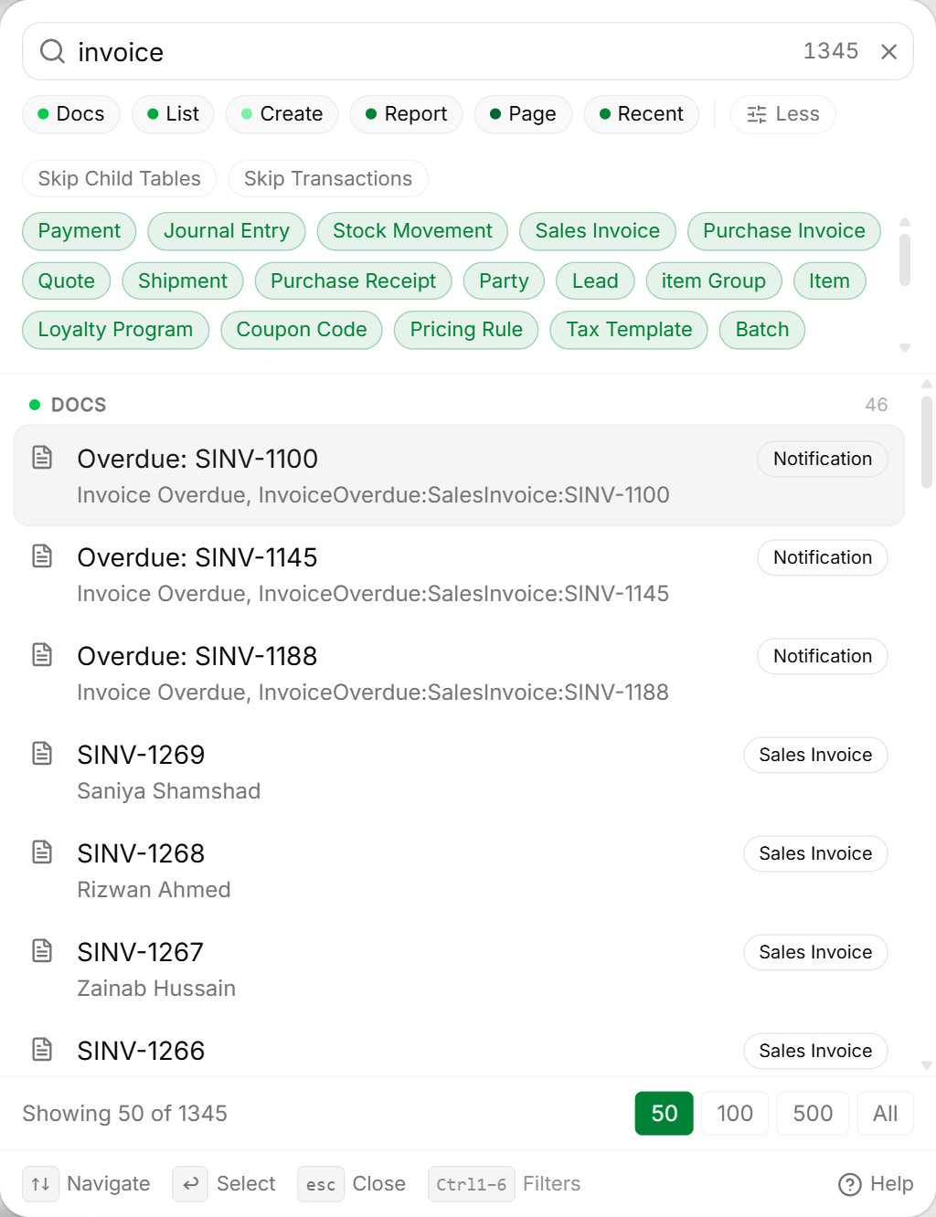 Quick search filters dialog with category buttons for focused searches