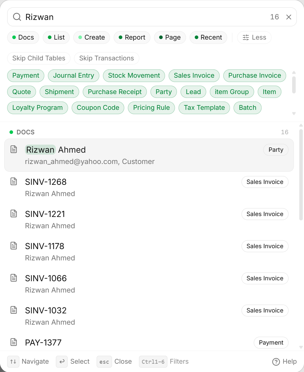 Quick search party results filtering suppliers and debtors