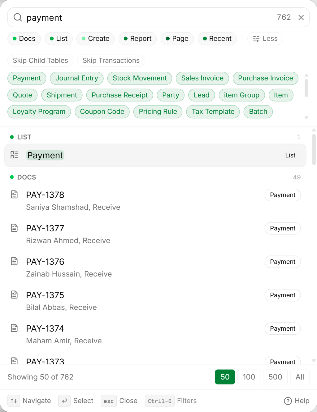 Quick search payments results displaying filtered payment receipts