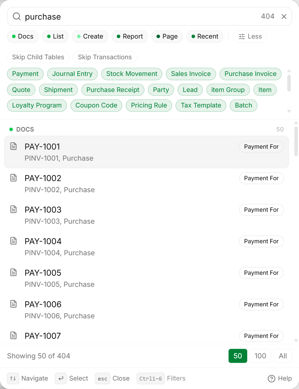 Quick search purchase results displaying matching supplier invoices