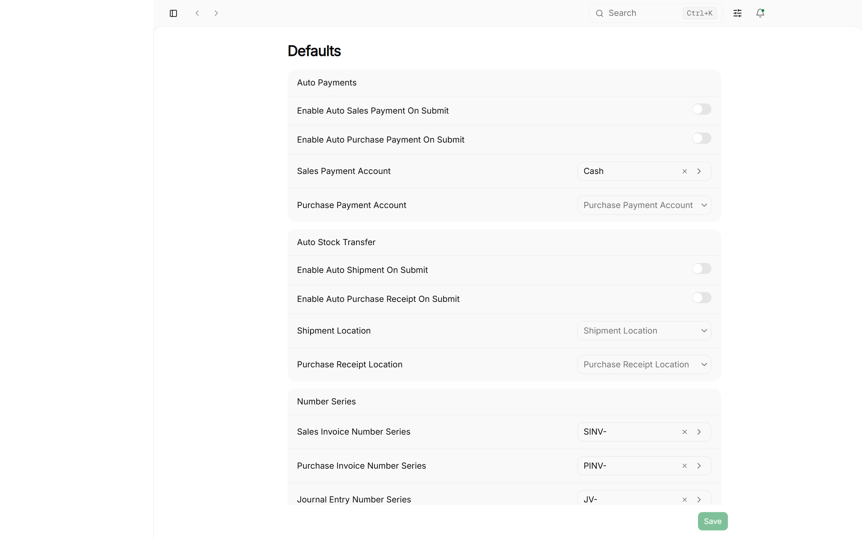 Settings defaults inventory accounts configuration