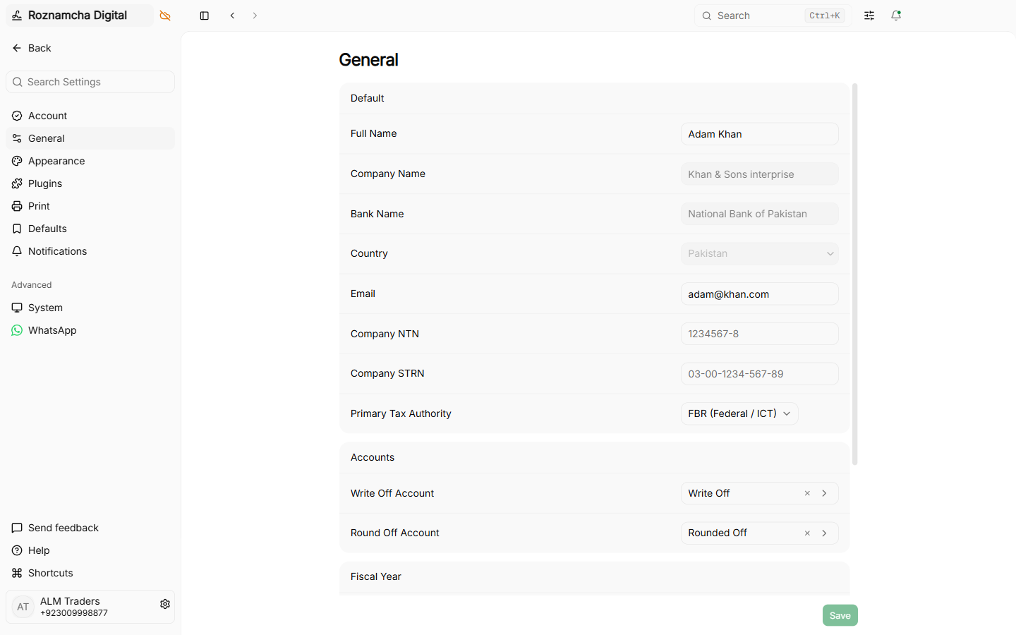 Settings general panel showing company profile and formatting preferences