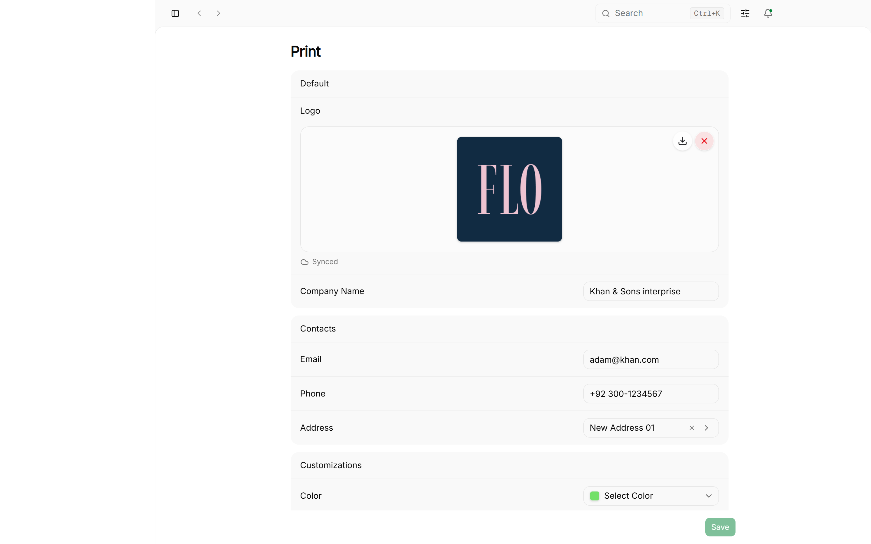 Settings print panel showing print preferences and page sizes