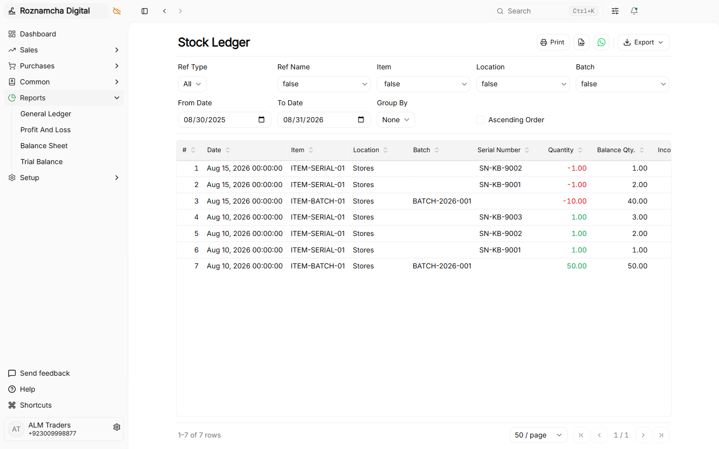 Stock ledger report showing date-wise stock movement history