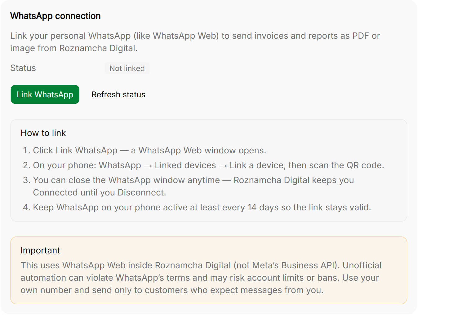 WhatsApp settings panel showing QR code pairing and connection status