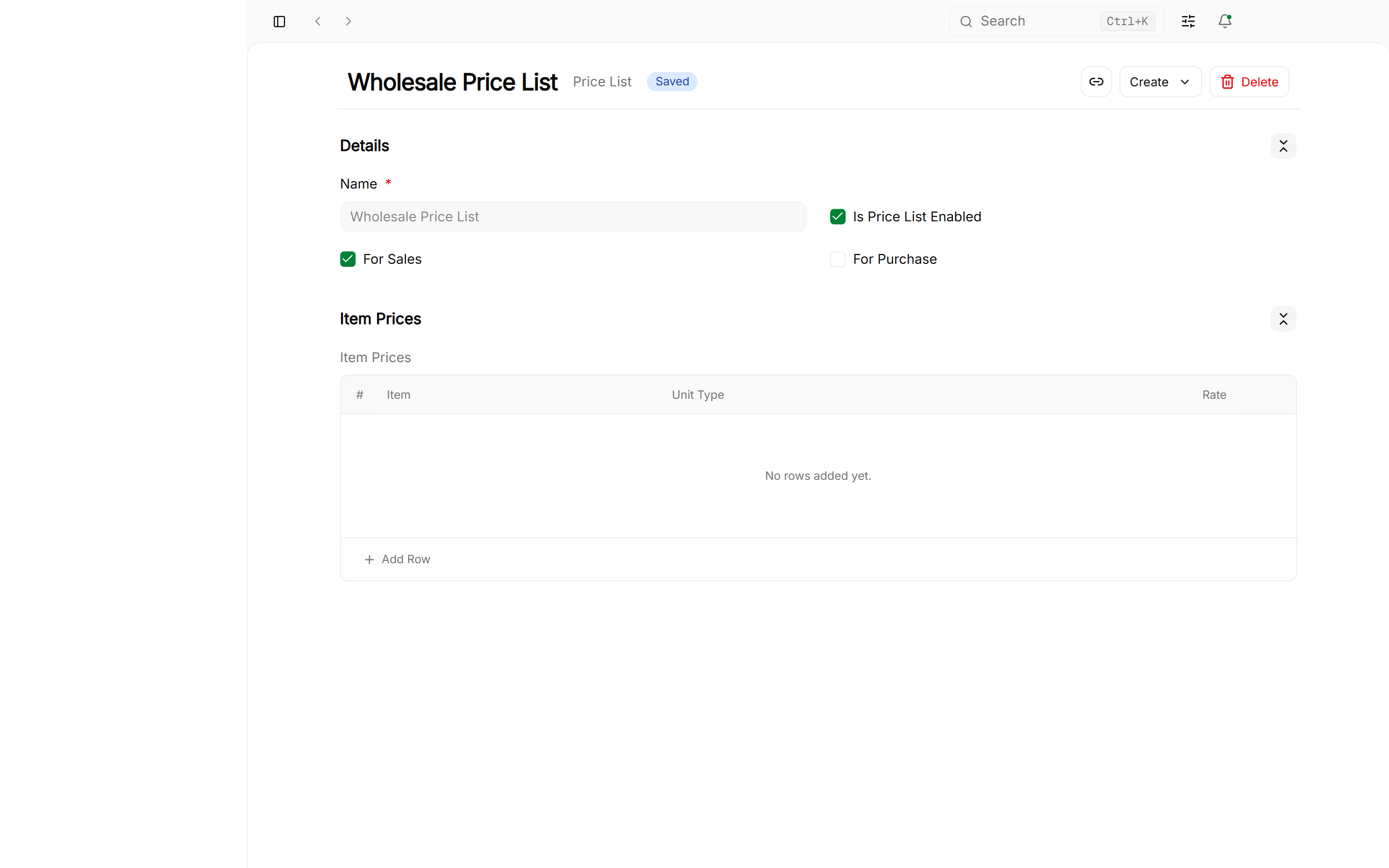 Wholesale price list form showing currency and pricing rules